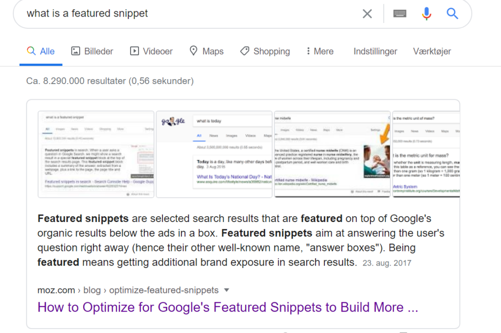 Screenshots af featured snippets