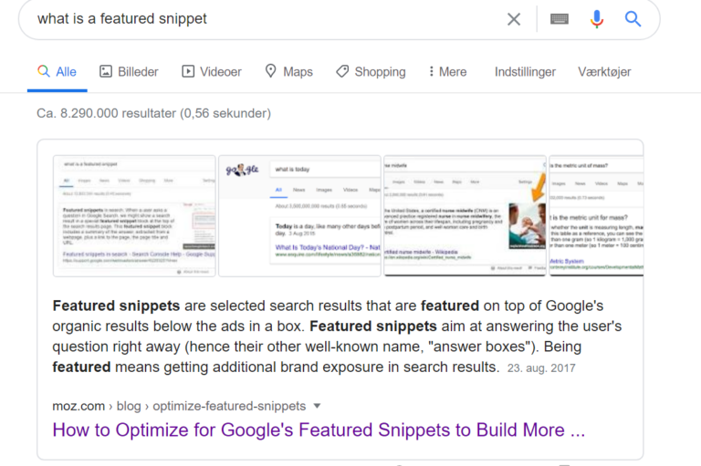 Screenshots af featured snippets