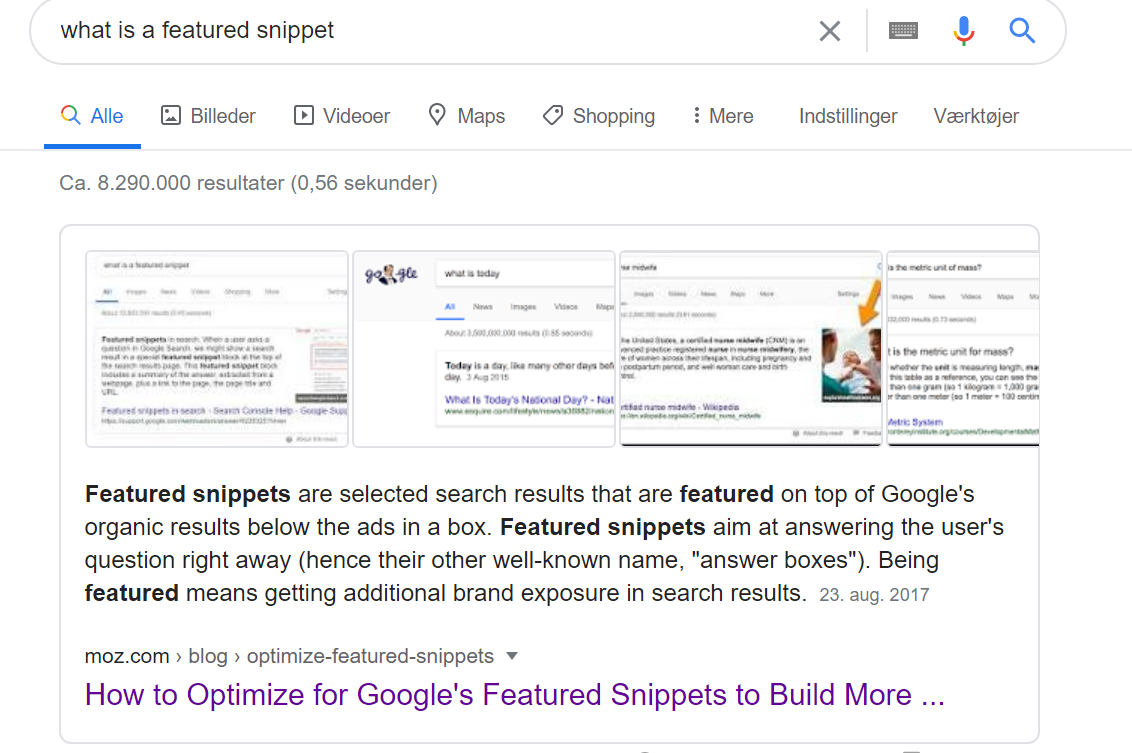 Screenshots af featured snippets