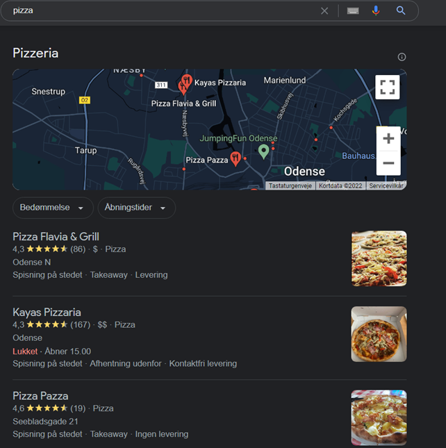 Map Pack af søgning på pizzeria for et eksempel på lokal SEO