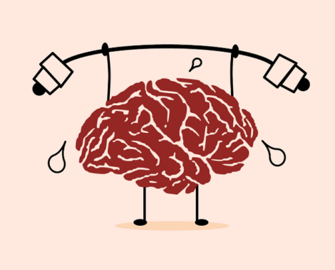 En hjerne med arme der løfter en vægt. Illustration: træner sin hjerne til at forstå